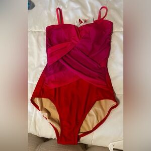 Lands' End Two-Tone Twist Front One-Piece Swimsuit in Pink and Red